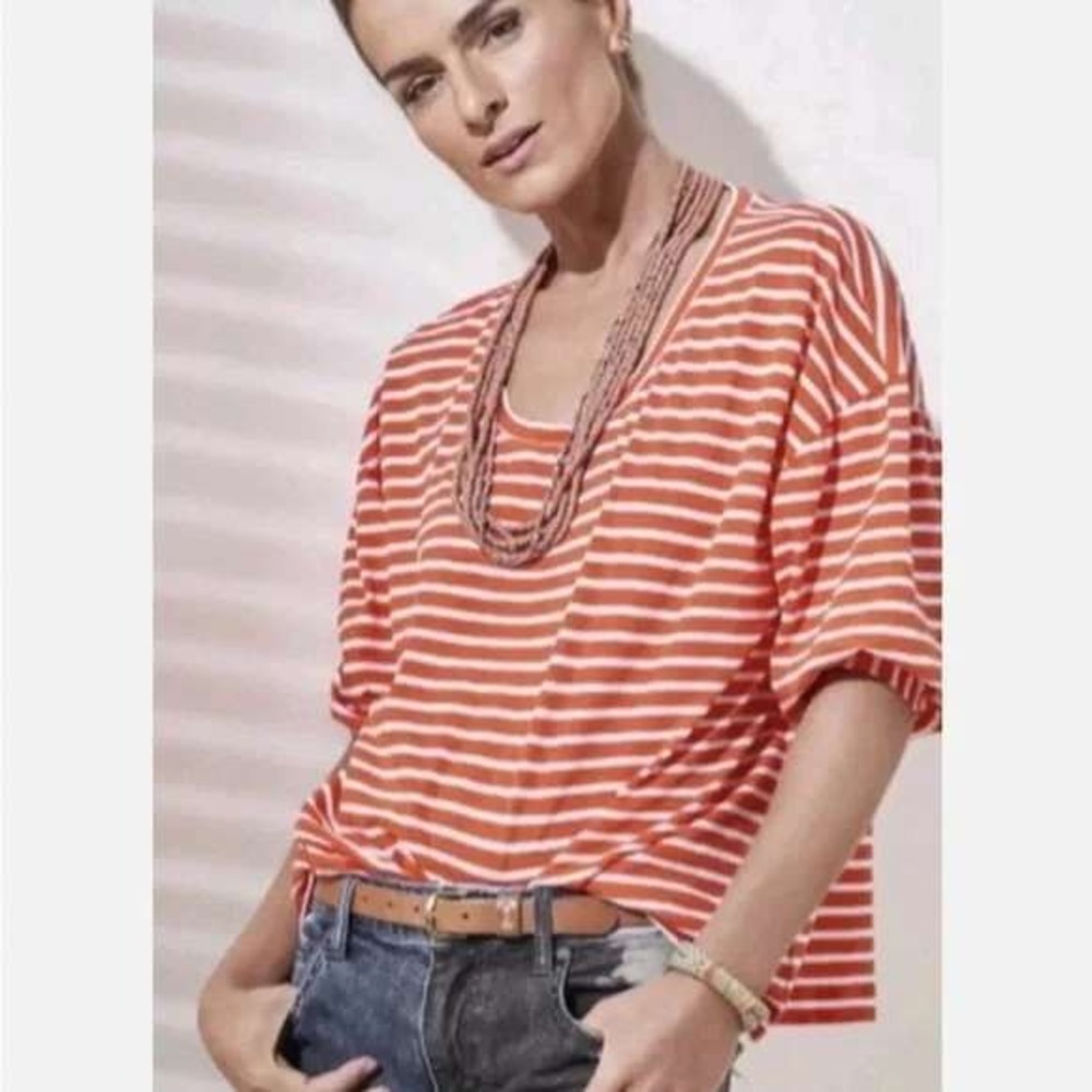 CAbi Orange and White Striped Scoop Neck Short Sleeve Tee